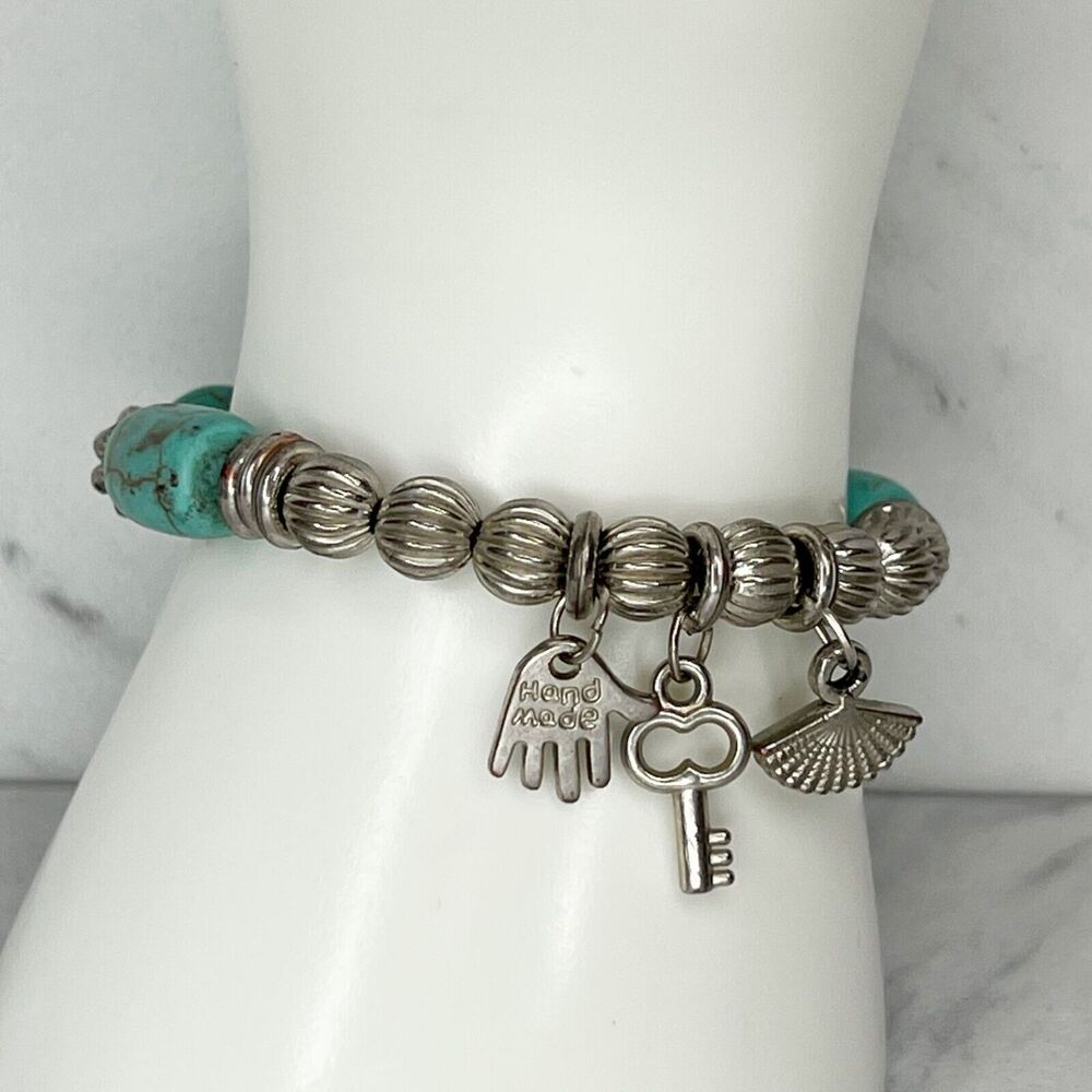 Handmade Silver Tone Key Fan Charm Faux Turquoise Beaded Stretch Bracelet
